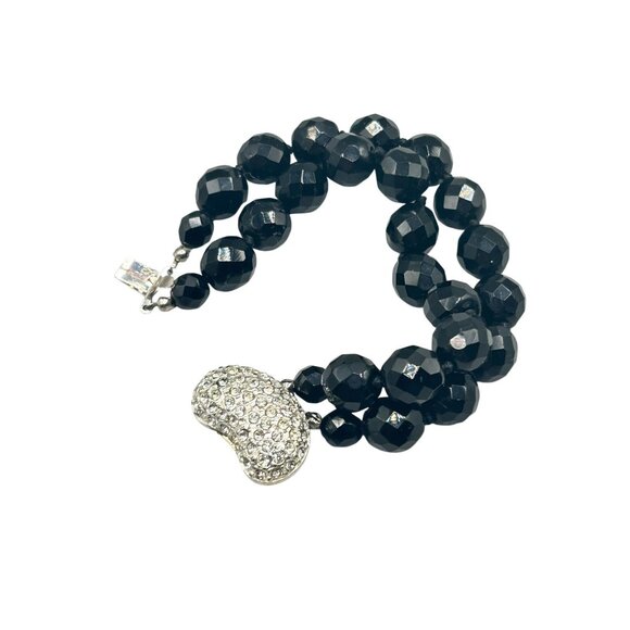 Carolee Black Glass Beaded Bracelet Double Strand with Crystal Encrusted Clasp - Picture 1 of 6